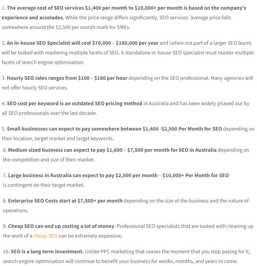 Average SEO services price in Australia