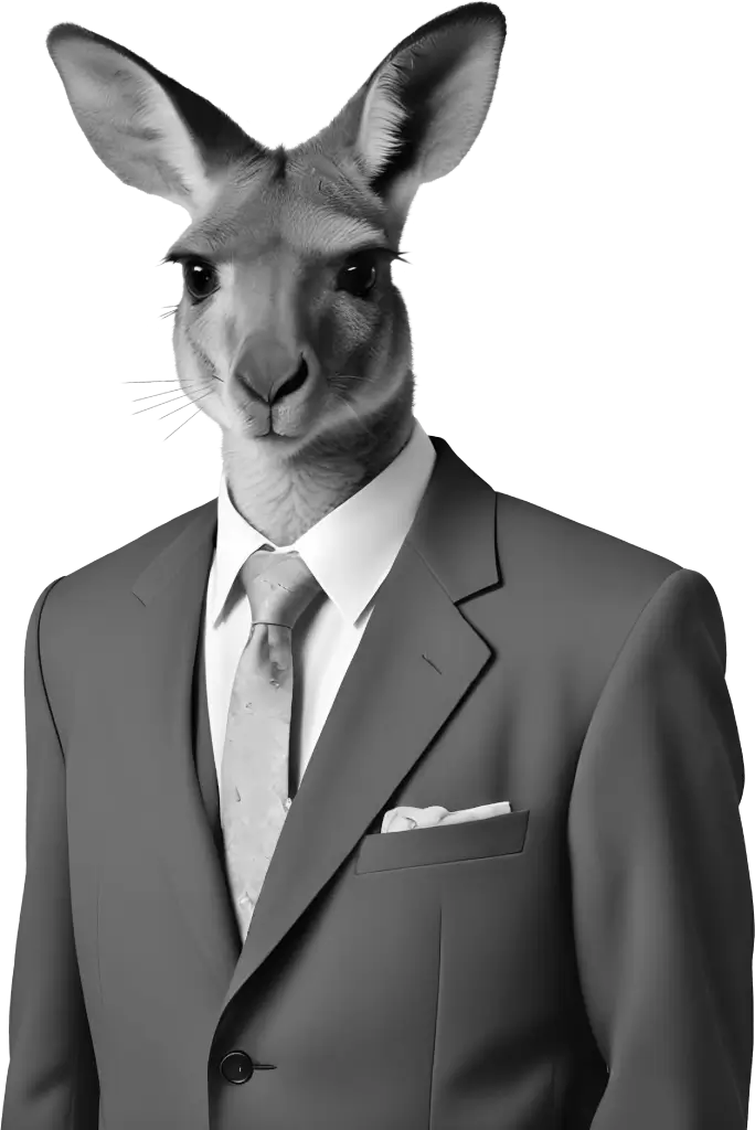 black and white photo of a kangaroo male wearing a dark grey business suite